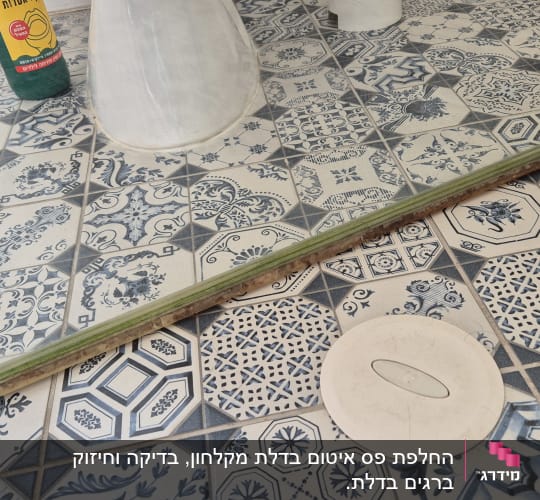 רצפת מקלחת עם אריחים מעוצבים ובקבוק חומר ניקוי